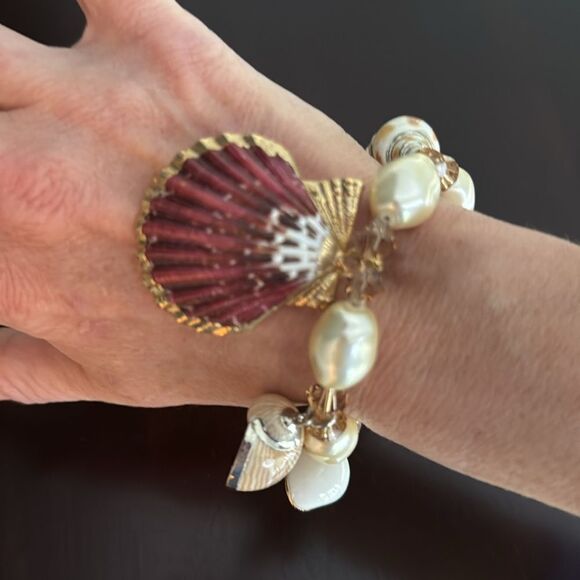 Gilded Shell Charm Bracelet – Real Seashells, Pearls, Summer Beach Coastal Gift - Picture 1 of 8